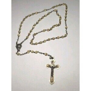 Vintage Rosary Beads France Off White Silver Tone Jesus Mary Catholic Cross